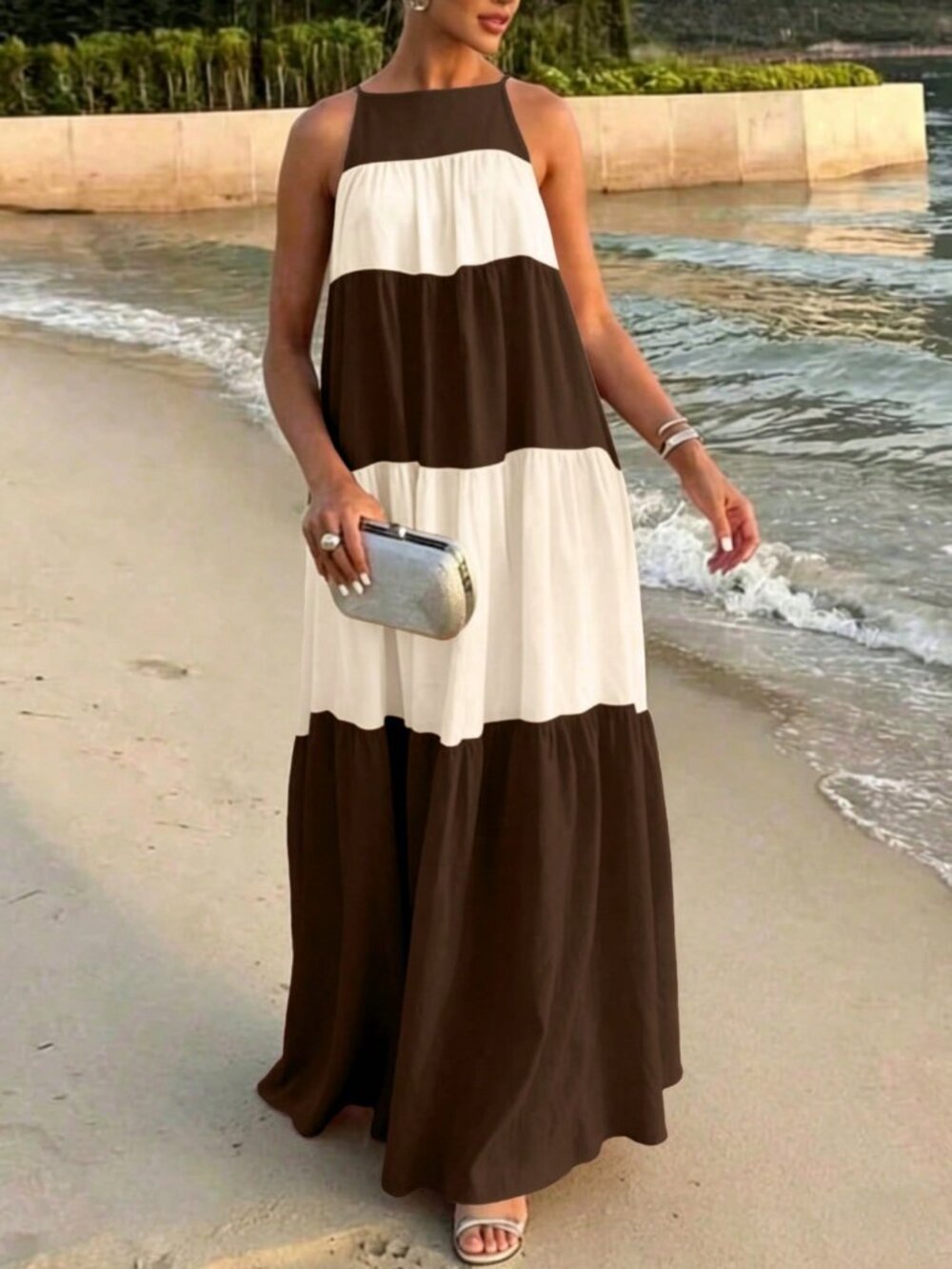 Brown stripe Casual Women's Colorblock maxi dress - Picture 3 of 7